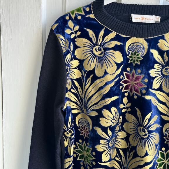 Tory Burch Hollis Cosmic Floral Velvet Foiled Gold Metallic Sweater - Picture 4 of 8